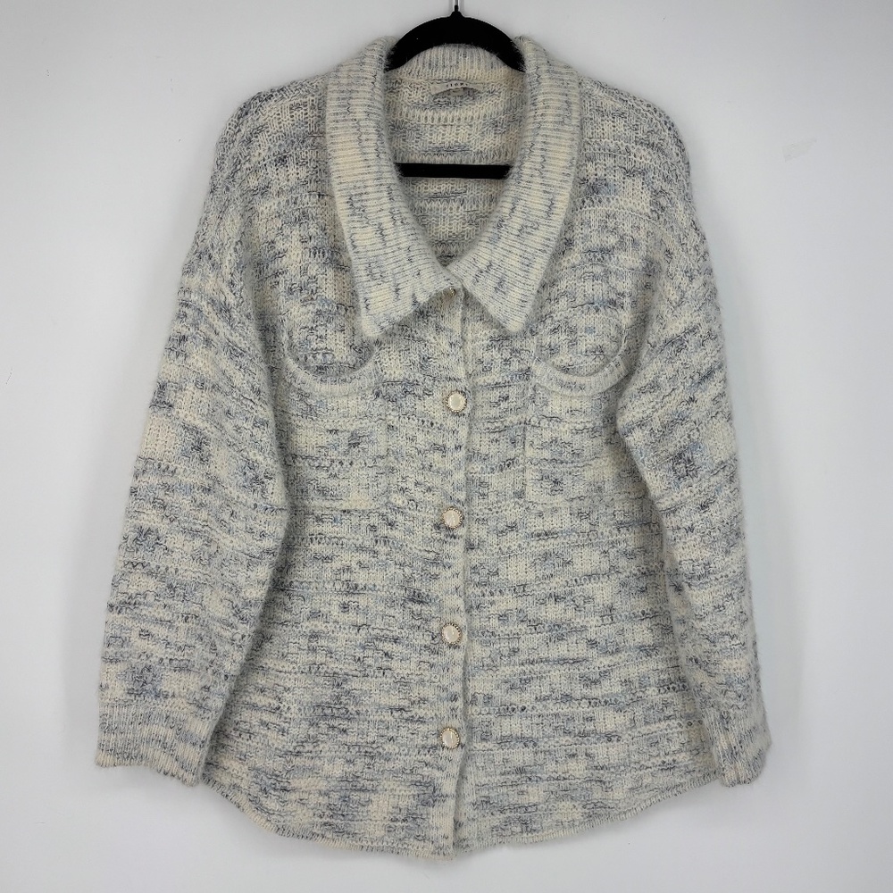 Sioni Womens Large Button Front Cardigan Sweater Shacket Blue Ivory Collared LS